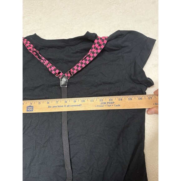 Y2K Abbey Dawn by Avril Lavigne Pink & Black  Checkered Skull T-Shirt suspender - Picture 2 of 5